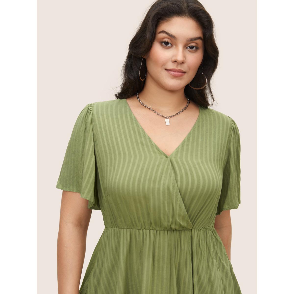 Plus Size Sage Plain Striped Overlap Collar Ruffle Sleeve Blouse Women Casual Short sleeve Overlap Collar Everyday Blouses BloomChic 28/5X Product Image