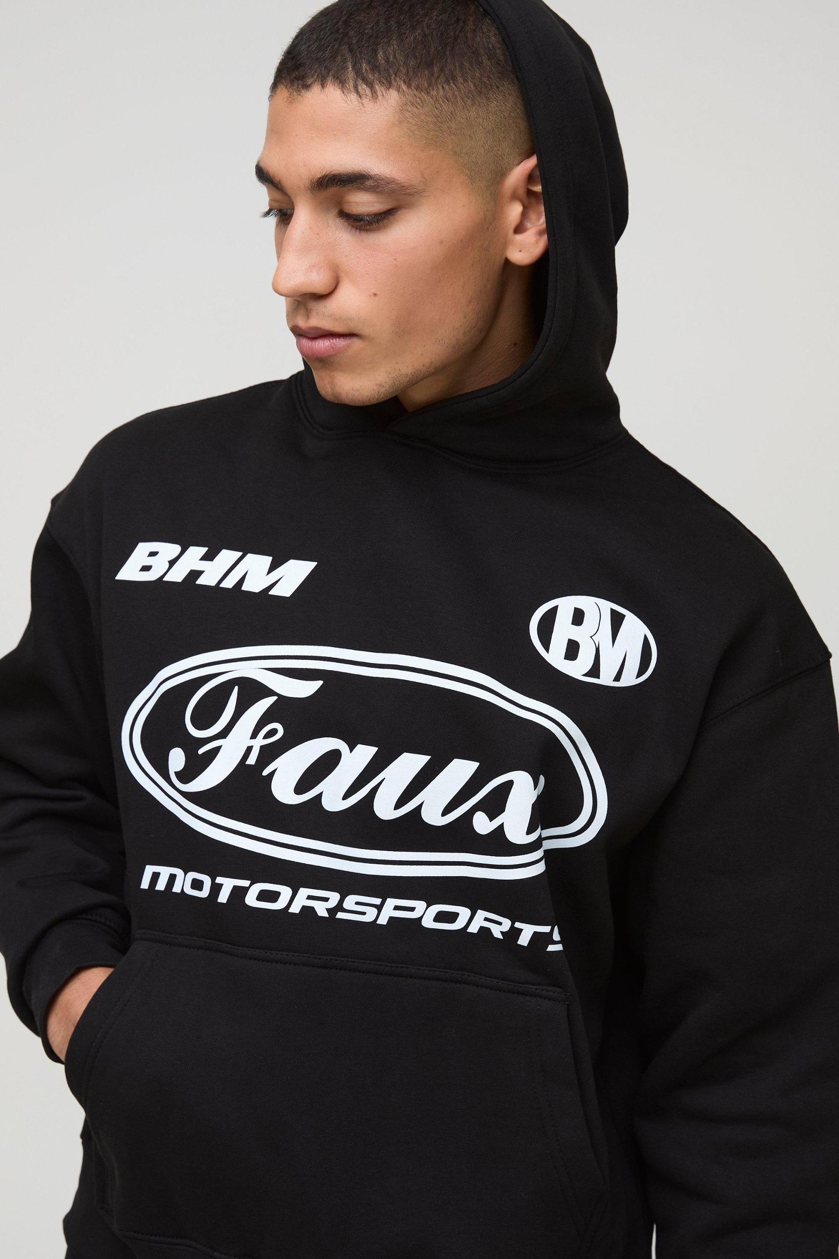 Oversized Boxy Moto Faux Graphic Hoodie | boohooMAN USA Product Image