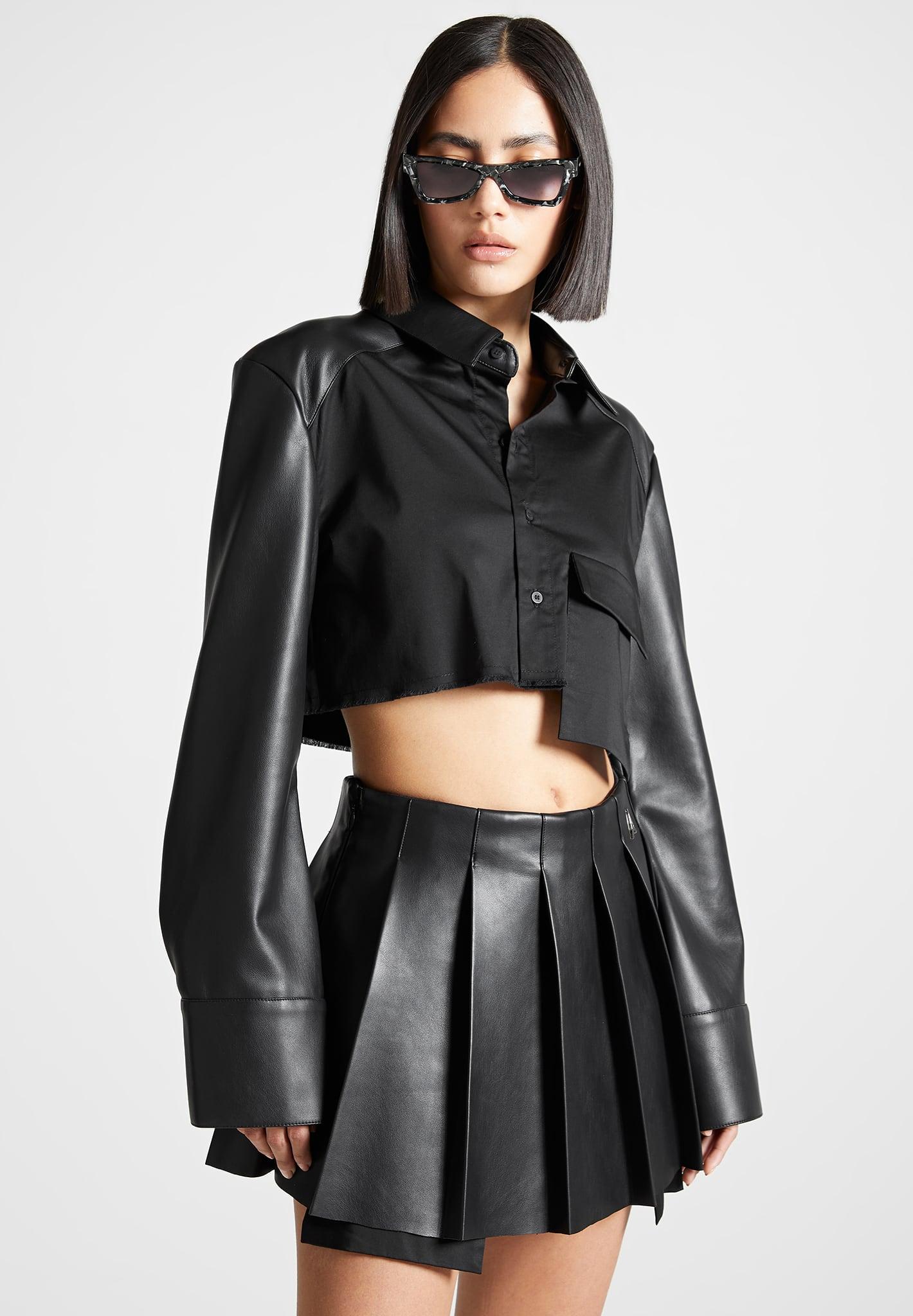 Bernadette - Leather Contrast Cropped Shirt - Black Female Product Image