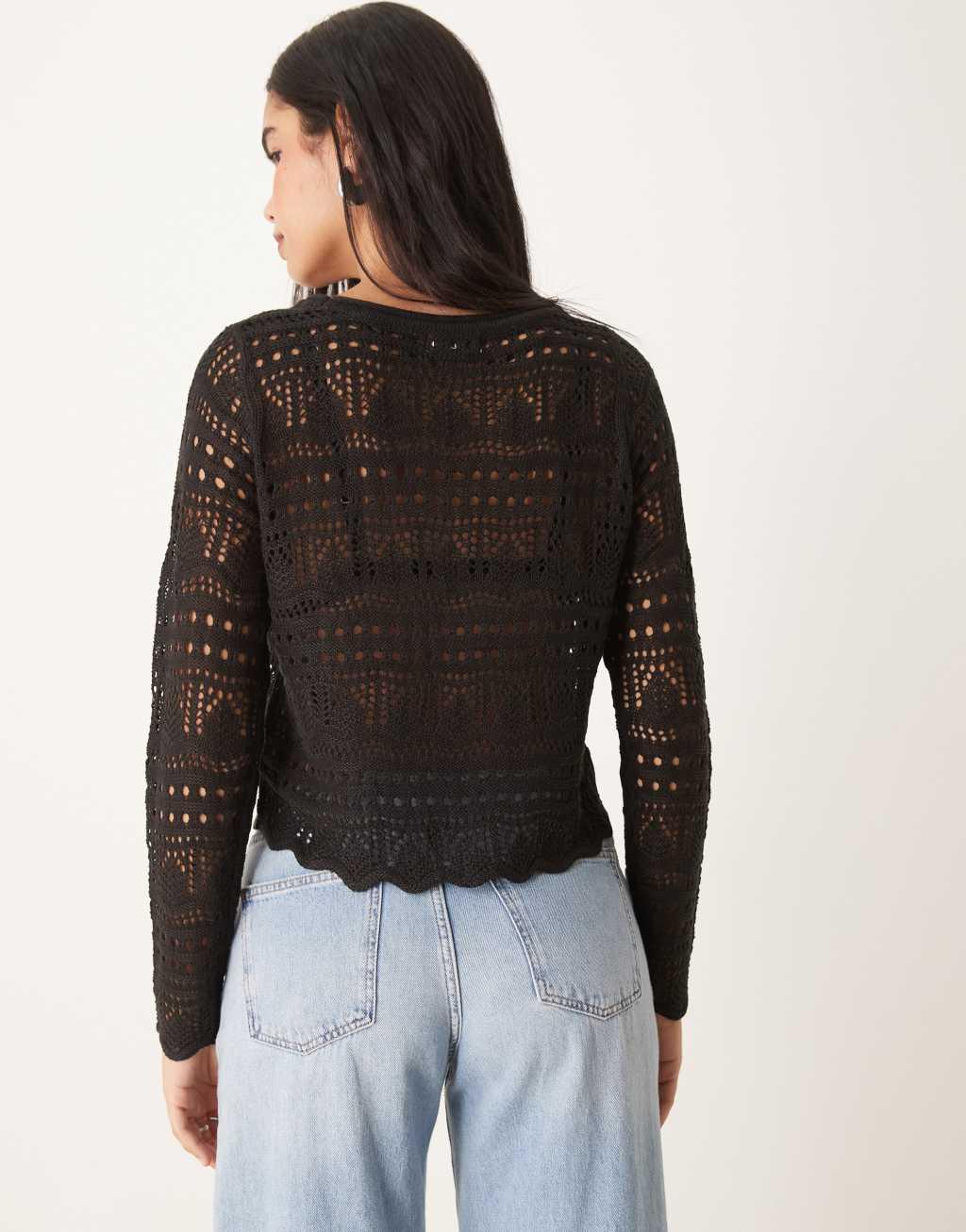 JDY boatneck broderie long sleeve top in black Product Image