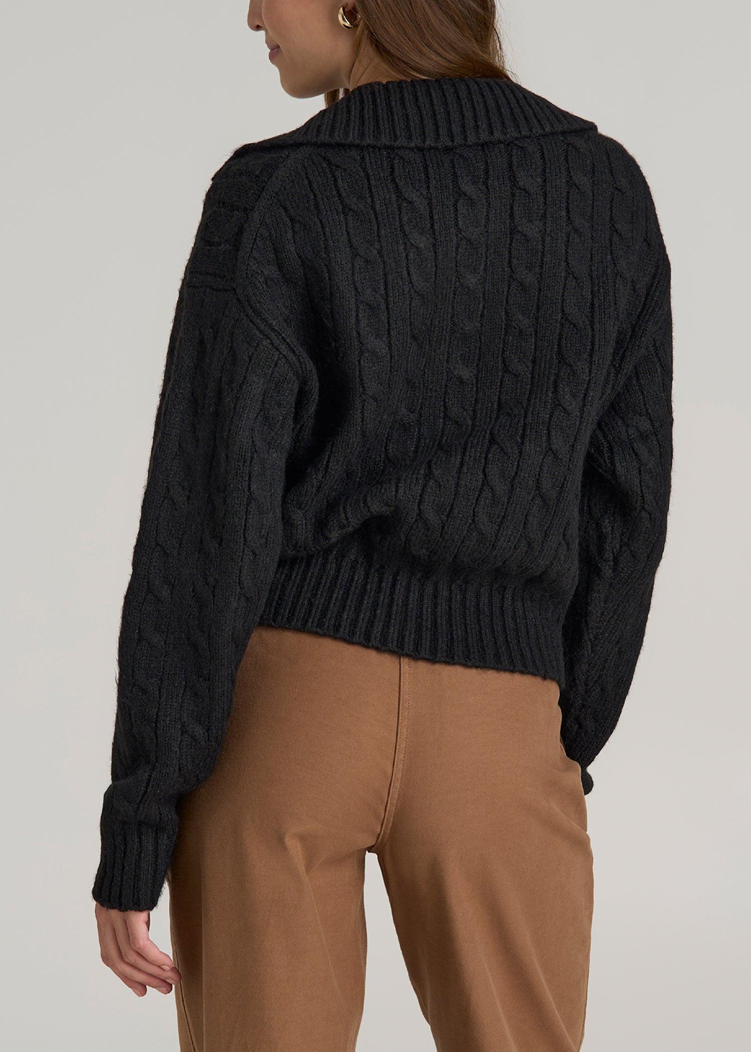 Johnny Collar Cable Knit Sweater for Tall Women in Black Female Product Image