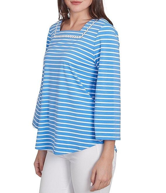 Ruby Rd. Knit Stripe Trim Square Neck 3/4 Bell Sleeve Top Product Image