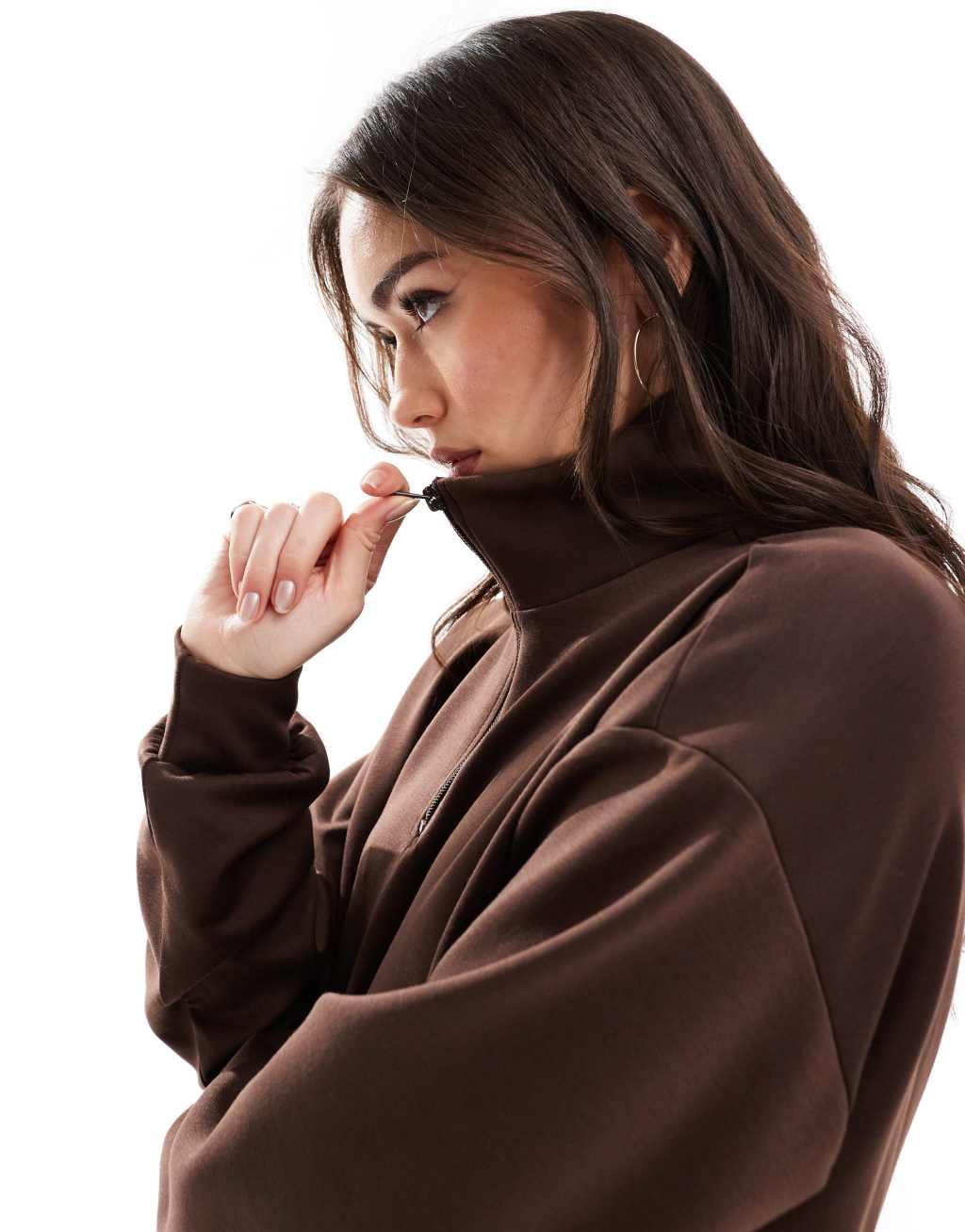 ONLY half zip sweat top in brown Product Image
