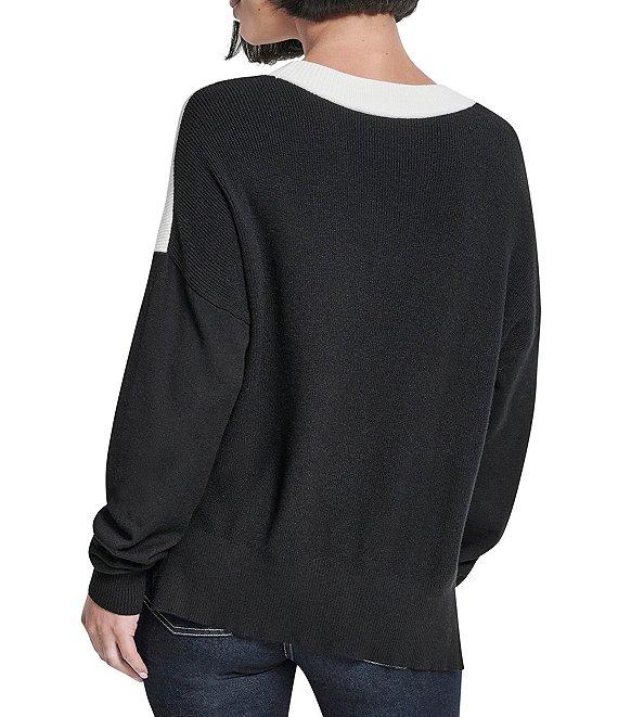 DKNY by Donna Karan Colorblock V-Neck Long Sleeve Sweater Product Image