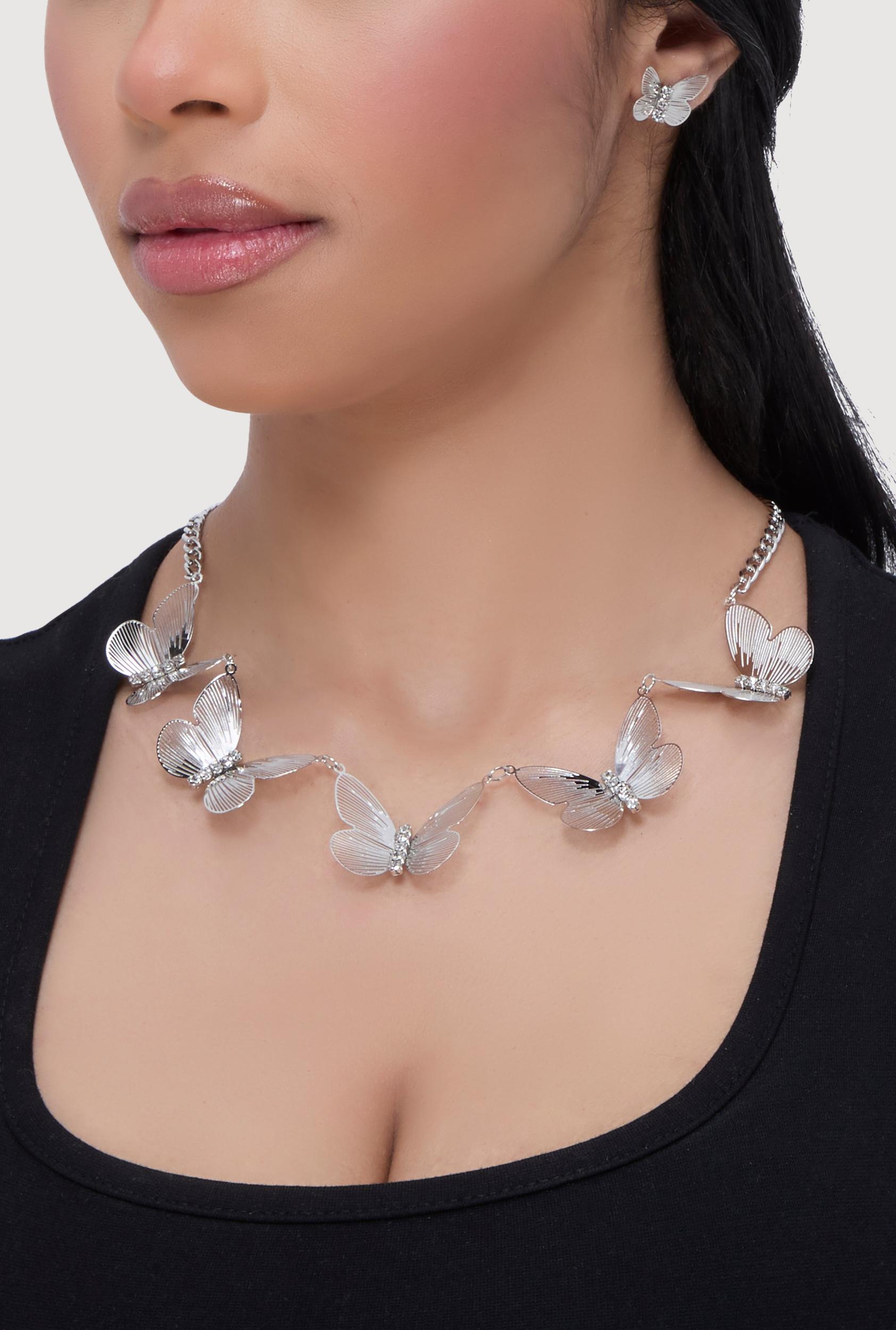 Cubic Zirconia Butterfly Chain Necklace and Stud Earrings Unisex Product Image