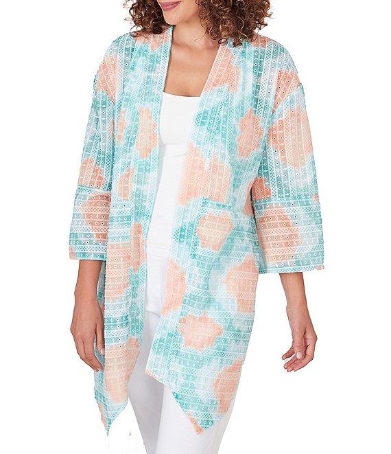 Ruby Rd. Car Diamond Sheer Knit Printed 3/4 Sleeve Patch Pocket Open-Front Cardigan Product Image