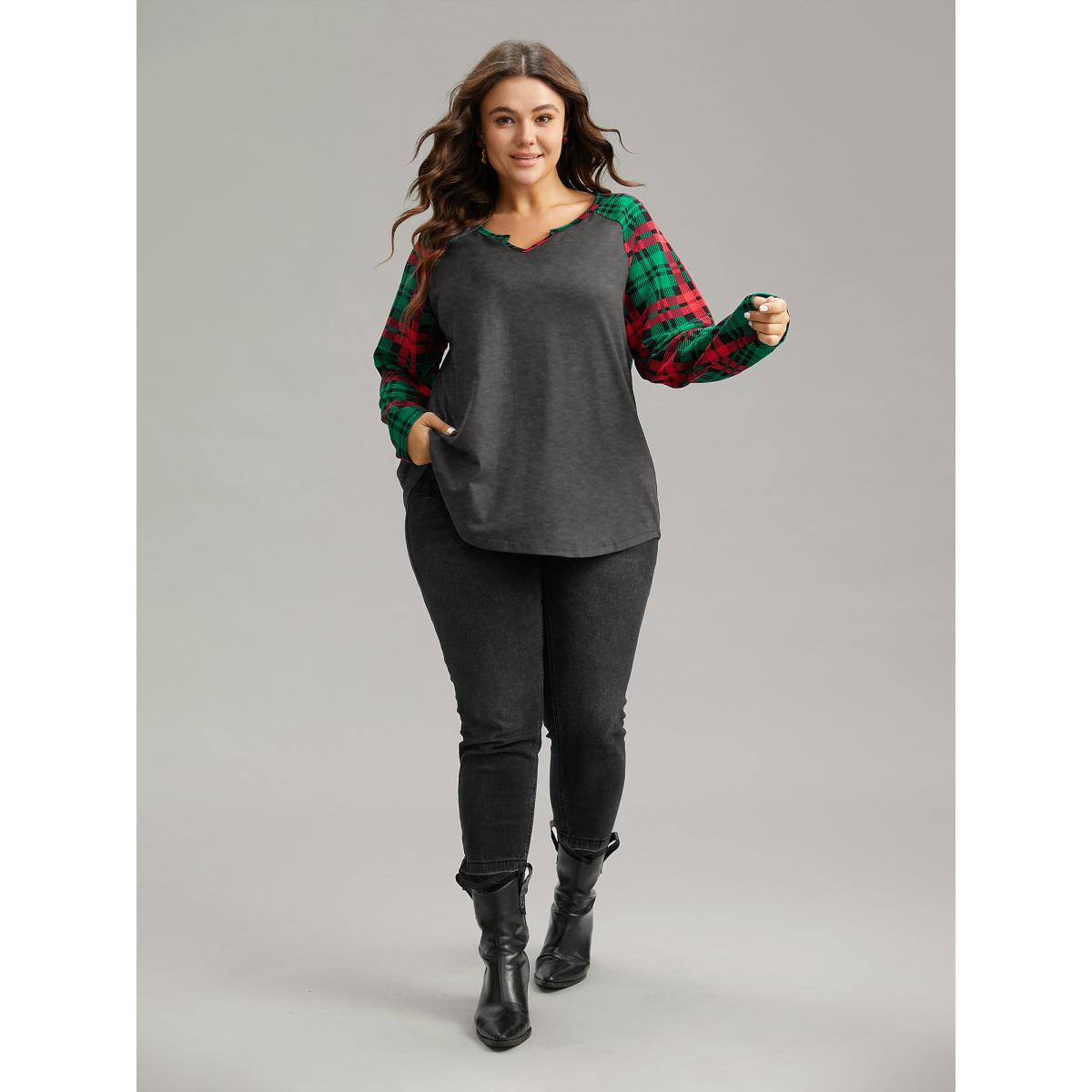 Plus Size Plaid Contrast Notched Raglan Sleeve T-shirt Gray Women Casual Contrast Plaid Festival-Christmas T-shirts BloomChic 18-20/2X Product Image