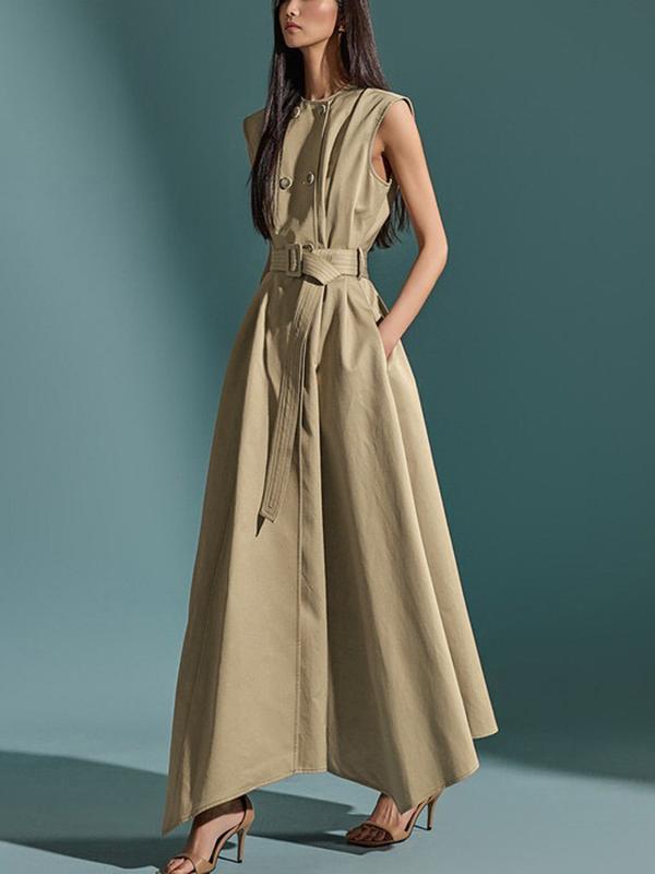 A-Line High Waisted Belted Buttoned Pockets Solid Color Round-Neck Maxi Dresses Product Image