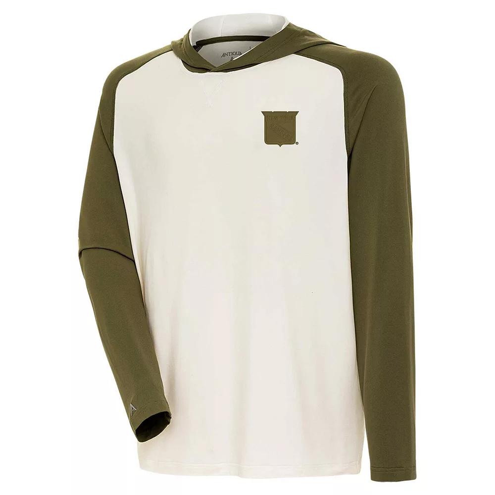 Men's Antigua Cream/Olive Anaheim Ducks Intrepid Sand Raglan Long Sleeve Hoodie T-Shirt,  Product Image