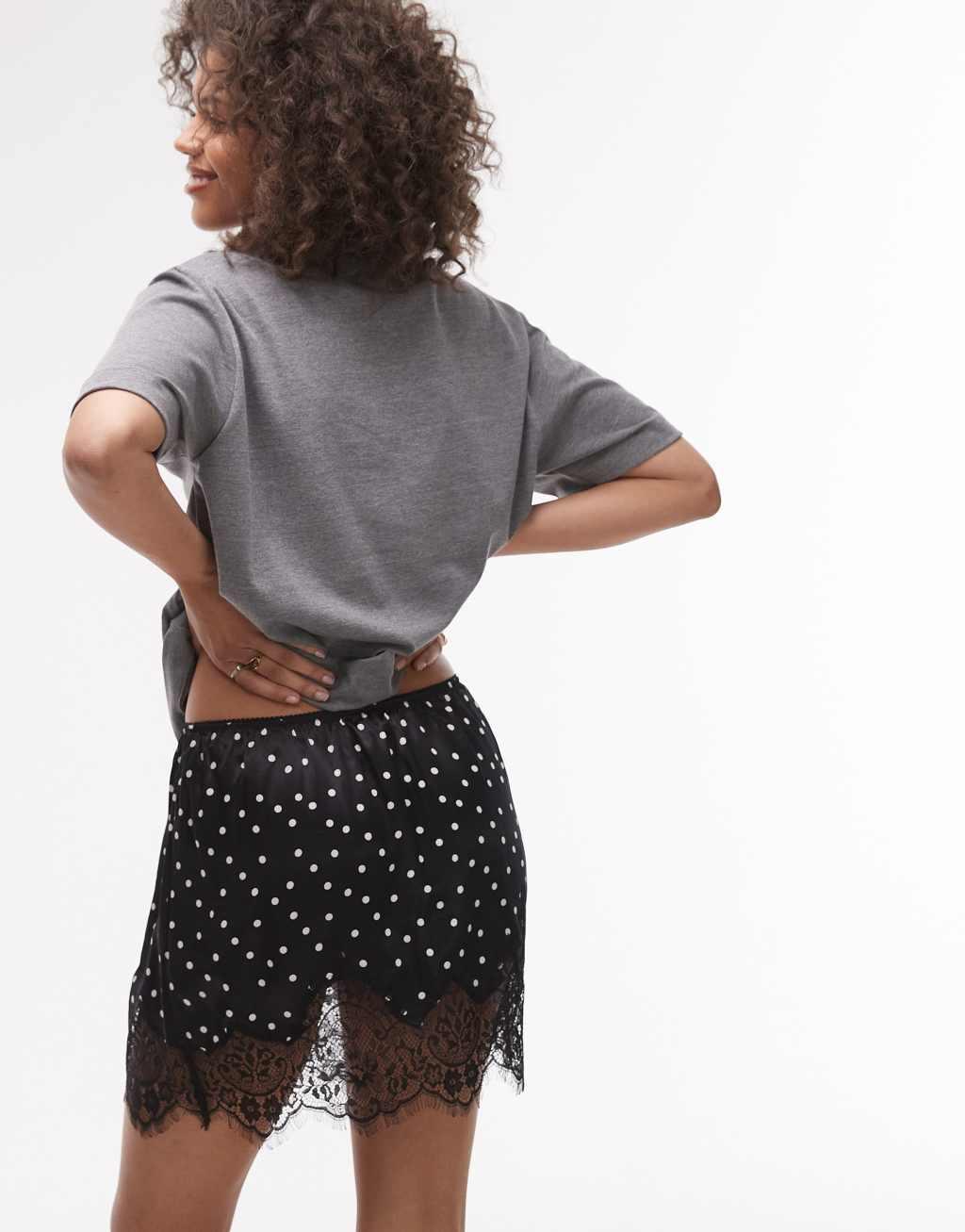 Topshop satin lace petticoat mini skirt in mono polka dot Product Image
