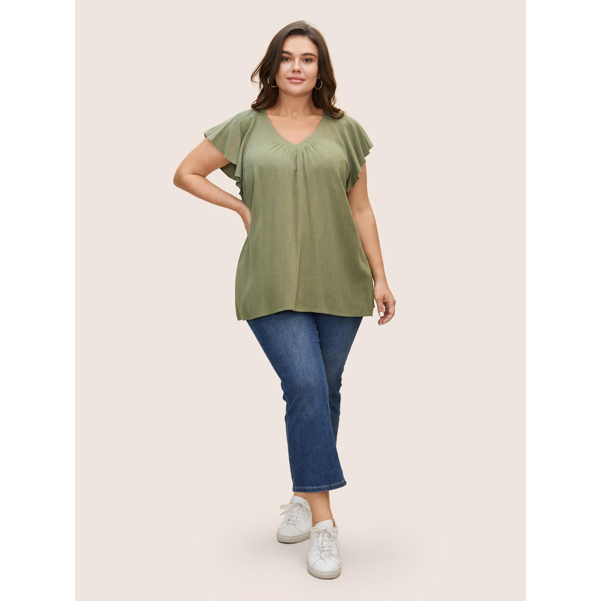 Plus Size ArmyGreen Linen Blend Gathered Ruffle Cap Sleeve Blouse Women Casual Cap Sleeve V-neck Everyday Blouses BloomChic 14-16/1X Product Image