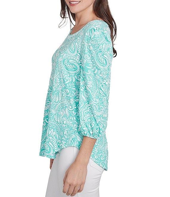 Ruby Rd. Knit Mixed Pattern Print Ladder Stitch Scoop Neck 3/4 Sleeve Top Product Image