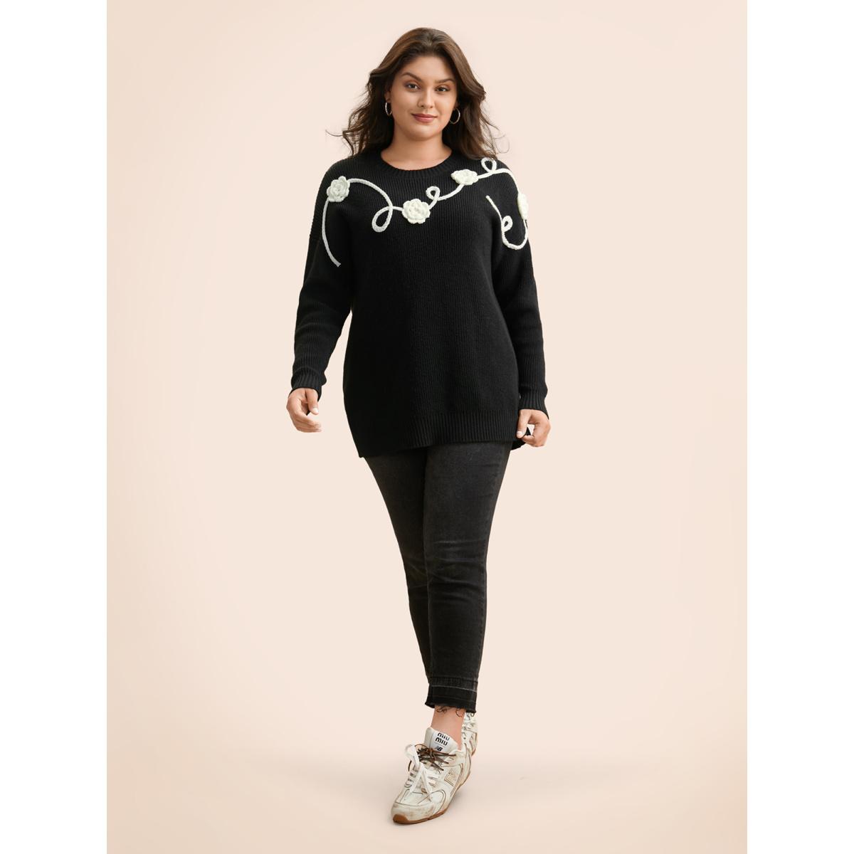 Plus Size Supersoft Essentials Crochet Floral Drop Shoulder Pullover Black Women Casual Loose Long Sleeve Round Neck Everyday Pullovers BloomChic 10/M Product Image