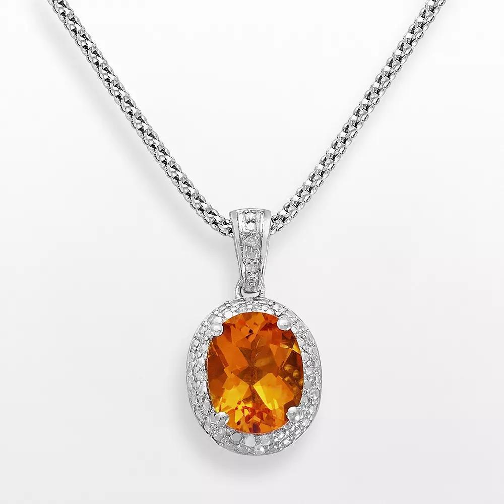 Sterling Silver Citrine and Diamond Accent Oval Frame Pendant, Women's, Size: 18", Orange Product Image