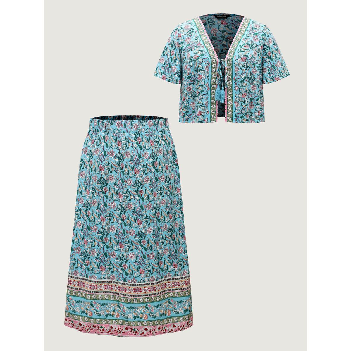 Plus Size Floral Print Tassels Co-Ord Set Arctic Women Vacation Tie knot No stretch Sleeve Half Sleeve Non 26/4X Two-Piece sets BloomChic Product Image