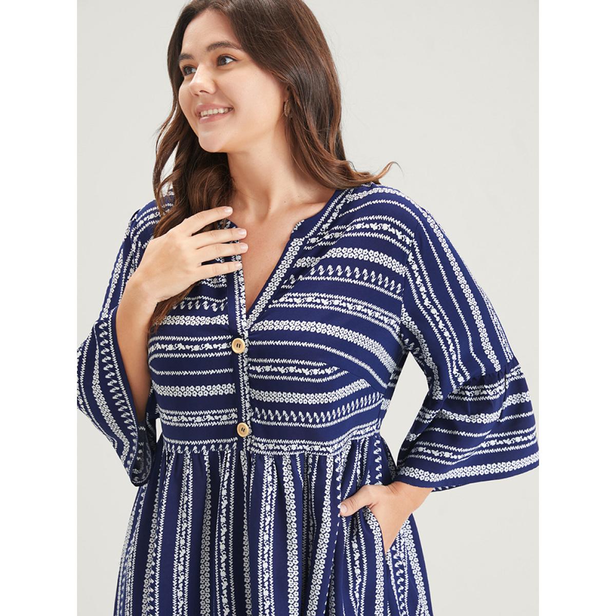 Plus Size Striped Ruffles Button Pocket Bell Sleeve Maxi Dress DarkBlue Women Casual Printed V-neck Elbow-length sleeve Curvy Midi Dress BloomChic 22-24/3X Product Image