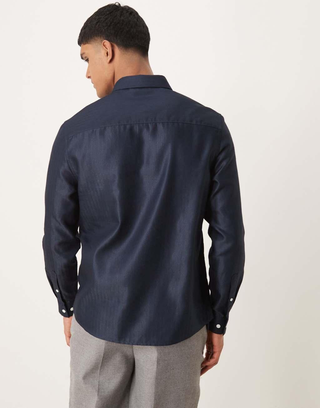 ASOS DESIGN formal easy iron regular shirt in herringbone texture in navy Product Image