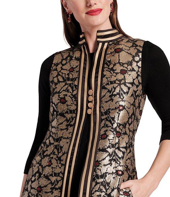 FRANCES VALENTINE Susie Winter Anemone Floral Metallic Jacquard Mandarin Collar Sleeveless Jacket Vest Product Image