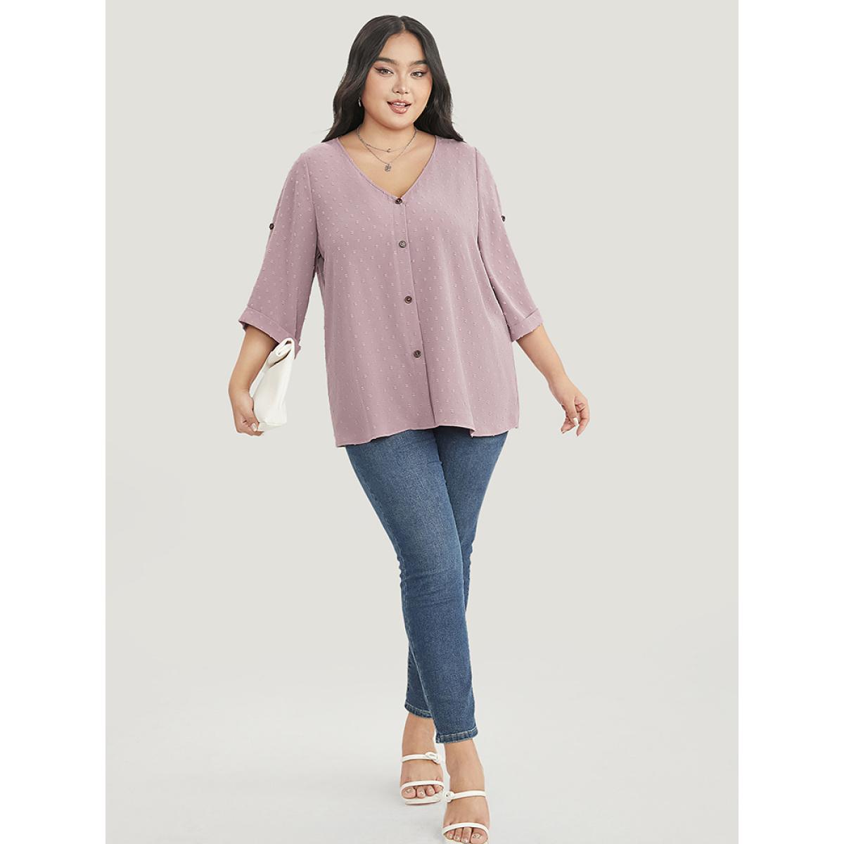Plus Size Mauve Polka Dot V Neck Button Detail Cuffed Sleeve Blouse Women Office Elbow-length sleeve V-neck Office Blouses BloomChic 28/5X Product Image