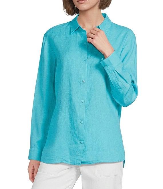 Eileen Fisher Organic Linen Handkerchief Classic Collar Button Front Long Sleeve Shirt Product Image