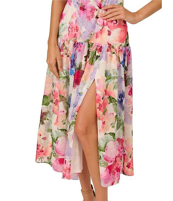 Adrianna Papell Chiffon Floral Print V Neck Sleeveless A-Line Midi Dress Product Image