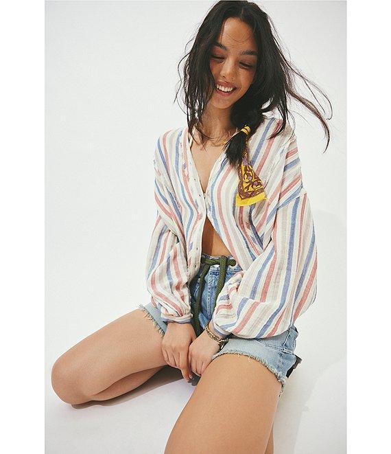 Free People We The Free Striped Valley Double Cloth Banded Collar Long Sleeve Shirt Product Image