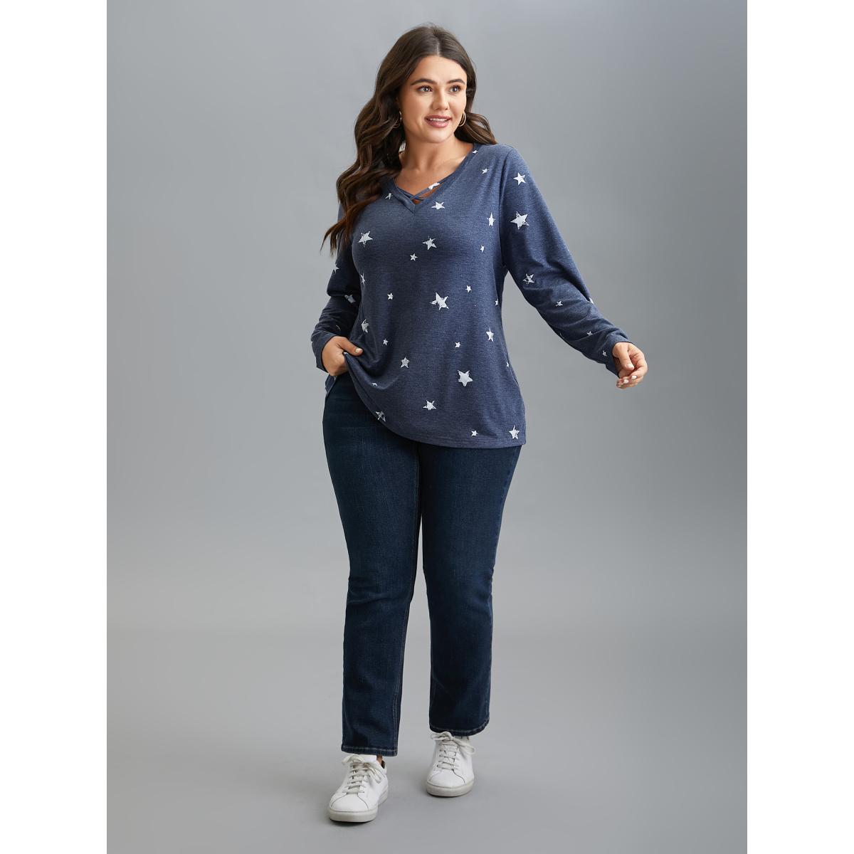 Plus Size Star Print Crisscross Cut-Out T-Shirt Indigo Women Casual Cut-Out Star and moon V-neck Everyday T-shirts BloomChic 30/6X Product Image