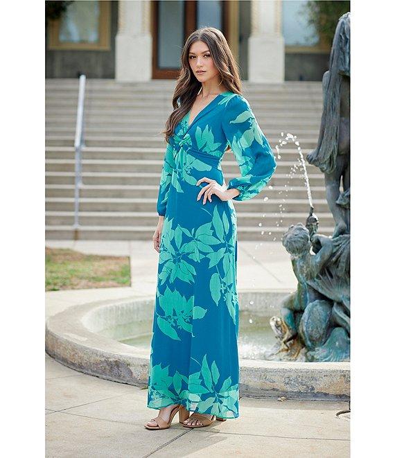 Maison Tara Long Sleeve V-Neck Front Twist 3/4 Sleeve Chiffon Empire Waist Maxi Dress Product Image