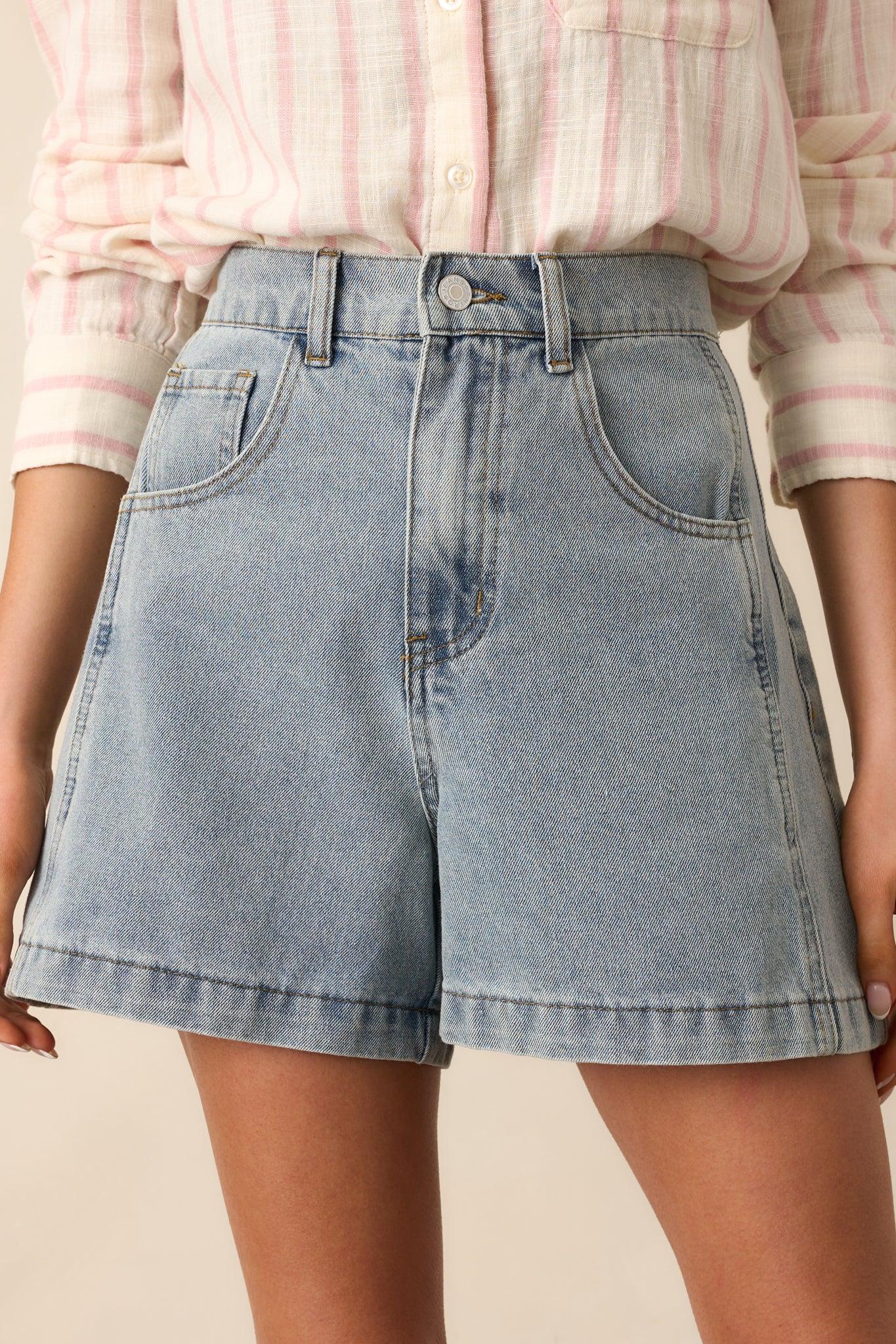 Doing It My Way Light Wash Cotton High Waisted Denim Shorts Product Image
