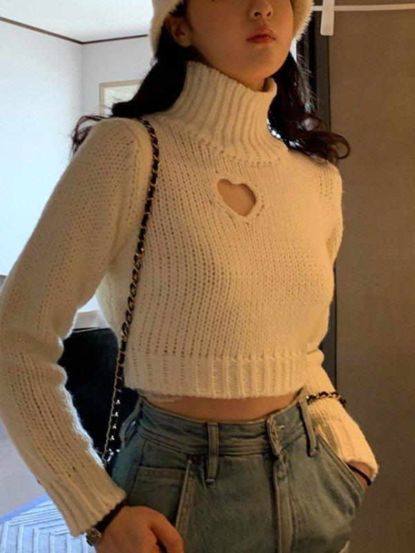 Cutout Heart Turtleneck Cropped Sweater Product Image