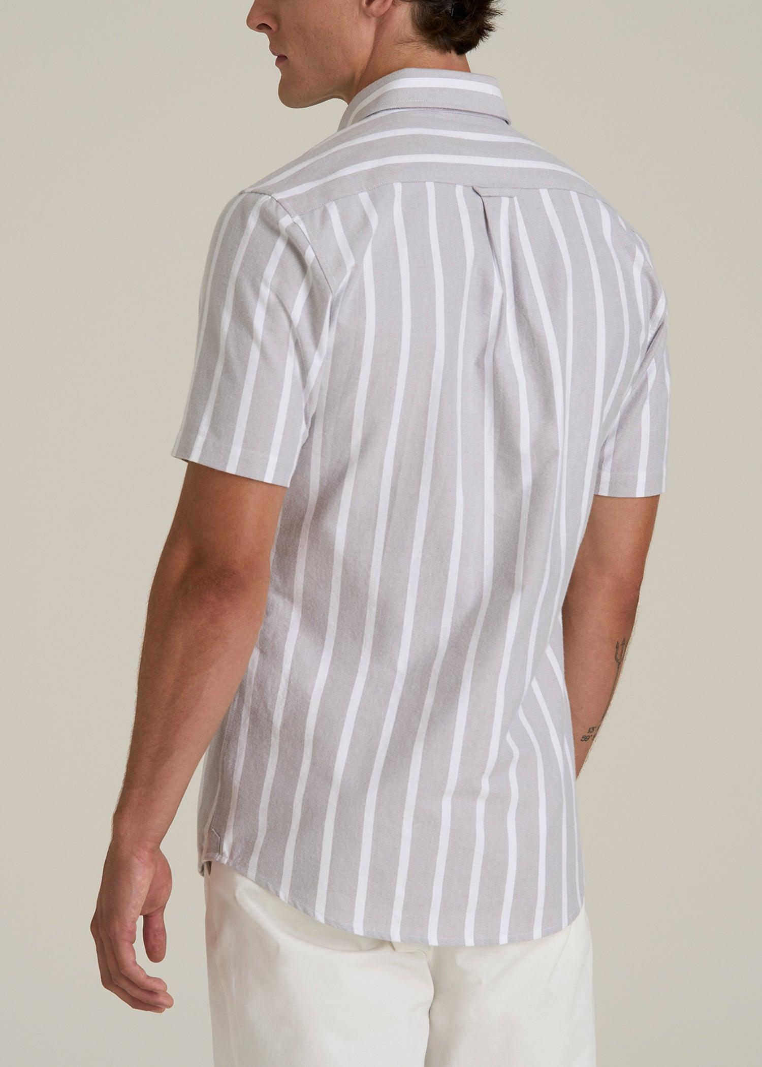 Short Sleeve Oxford Button Shirt For Tall Men in Bold Grey Stripe Male Product Image