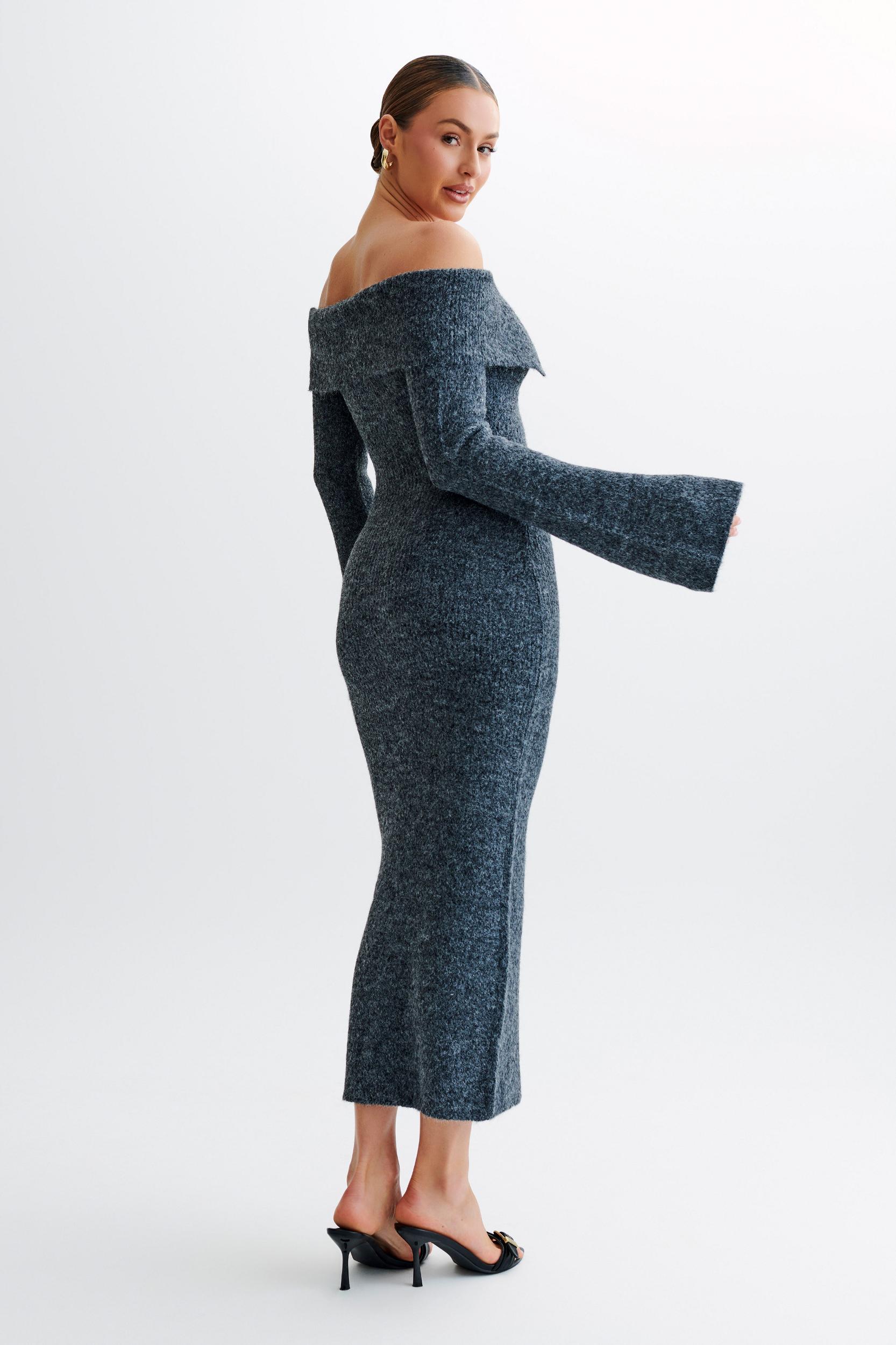 Baxter Off Shoulder Fluffy Knit Midi Dress - Charcoal Product Image