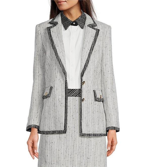 KARL LAGERFELD PARIS Tweed Notch Lapel Long Sleeve Contrast Trim Two Button Jacket Product Image