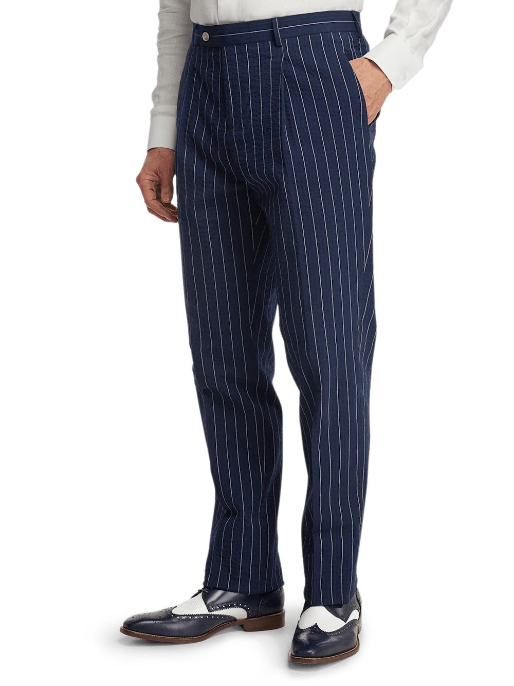 Cotton Stretch Pinstripe Seersucker Single Pleat Suit Pants - Navy Product Image
