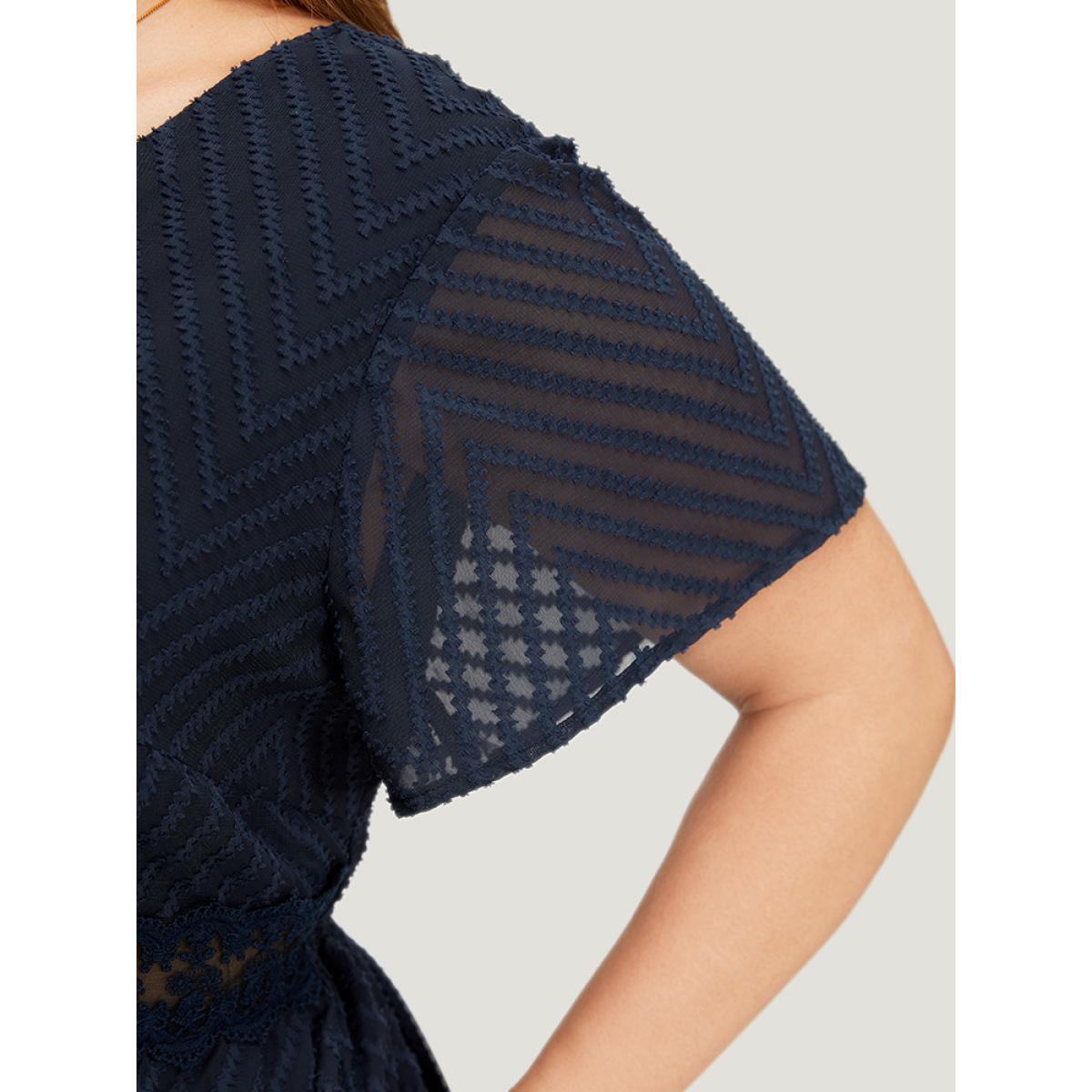Plus Size Plain Geometric Pocket Wrap Mesh Lace Insert Ruffle Dress Indigo Women Elegant Lined V-neck Short sleeve Curvy Knee Dress BloomChic 30/6X Product Image