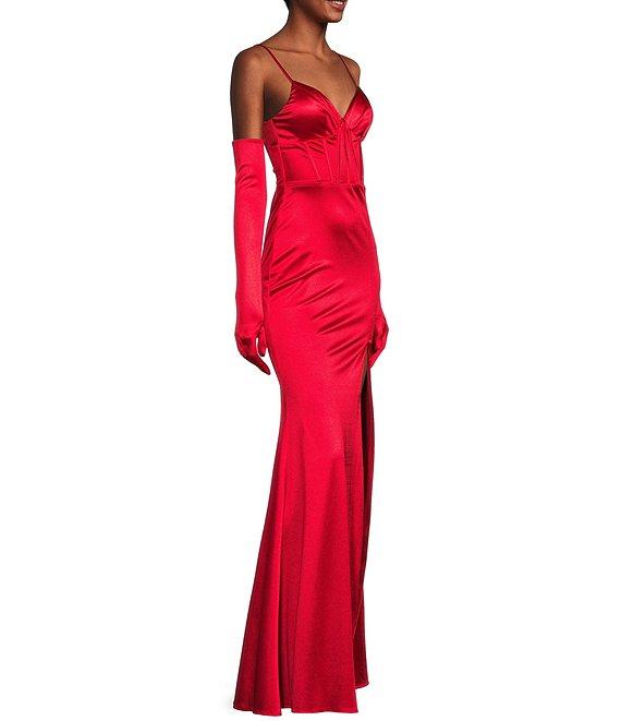 Midnight Doll Spaghetti Strap Corset Satin Gloves Long Dress Product Image