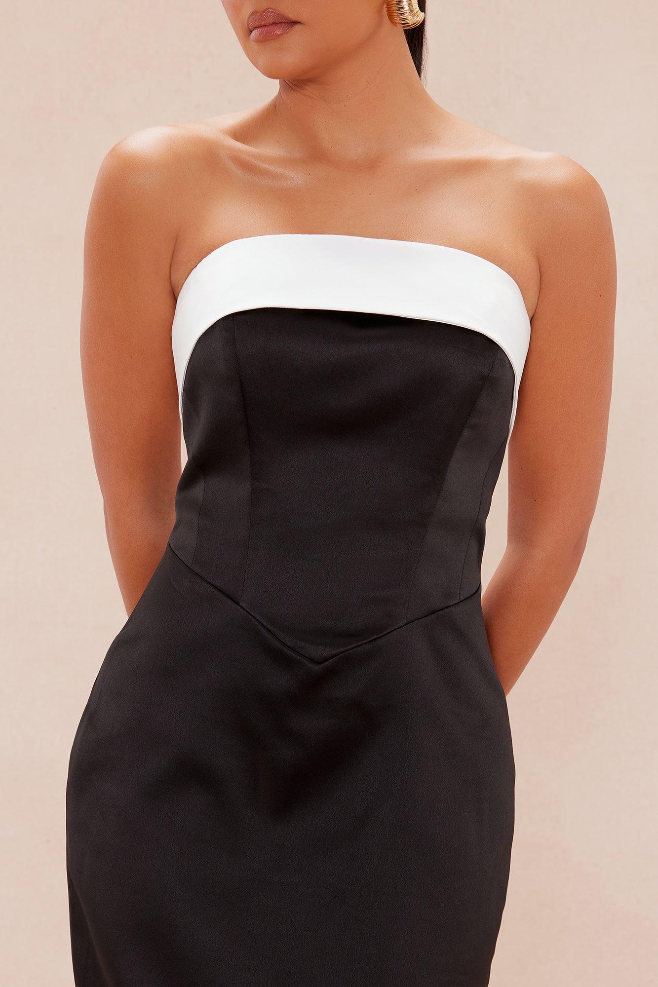 Emily Satin Midi Dress - Black/White Product Image