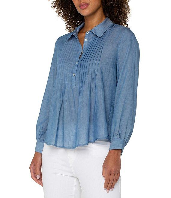 Liverpool Los Angeles Petite Size Woven Point Collar Long Sleeve Pintuck Detail Blouse Product Image