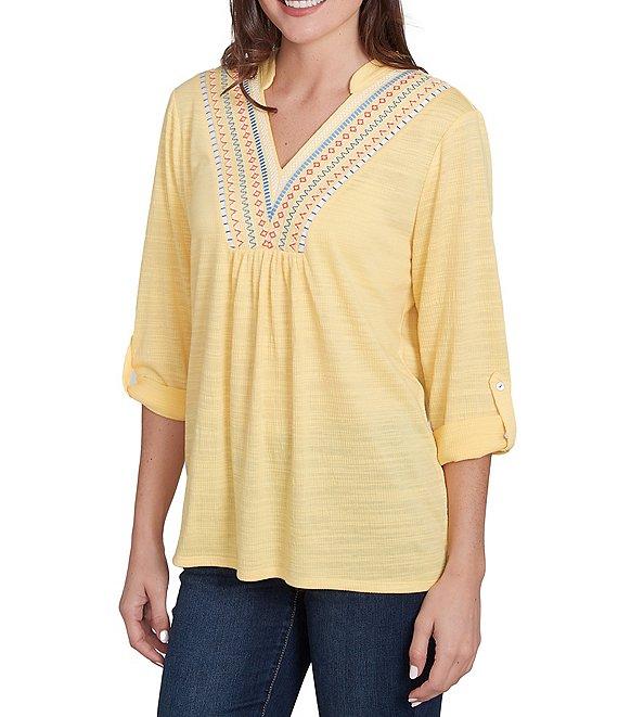 Ruby Rd. Knit Embroidery V-Neck 3/4 Roll-Tab Sleeve Top Product Image