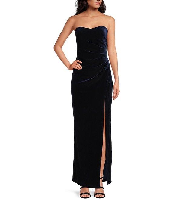 Pear Culture Strapless Ruched Velvet Long Dress Product Image