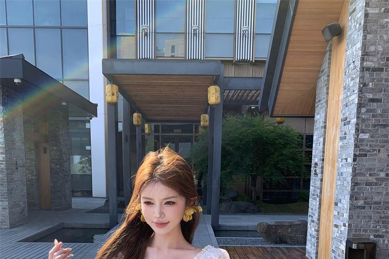 Cap Sleeve Sweetheart Neck Plain Bow Embroidered Eyelet Blouse / High Waist Wide Leg Pants Product Image