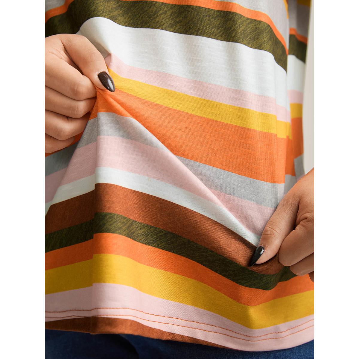 Plus Size Bamboo Stretchy Colorful Stripes T-Shirt Multicolor Women Playful Contrast V-neck Casual T-shirts BloomChic 10/M Product Image