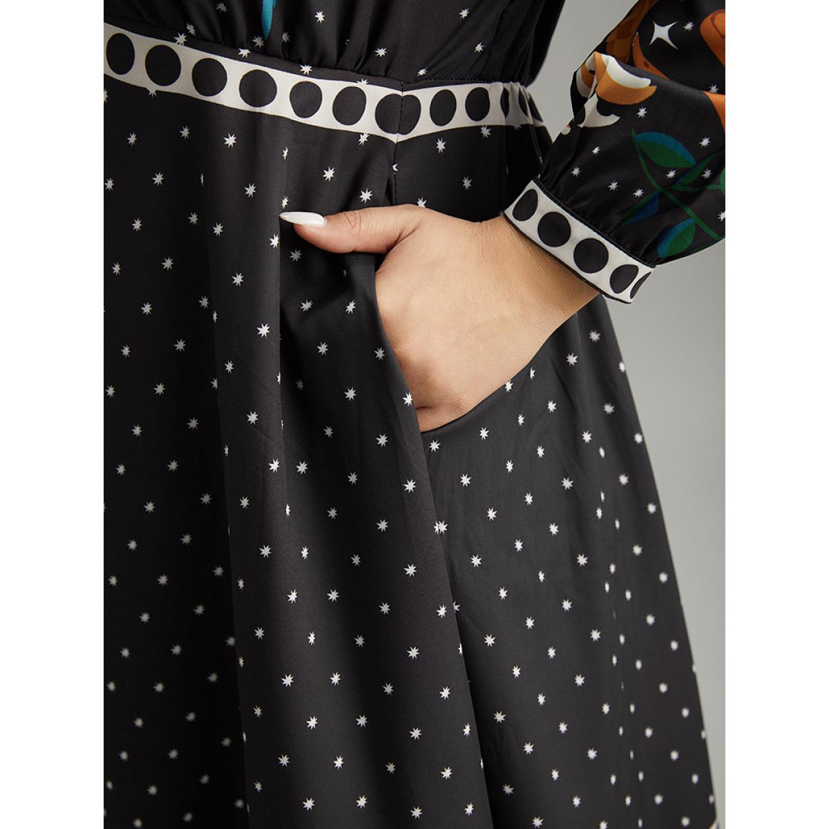 Plus Size Bandana Print Lantern Sleeve Ruffle Hem Dress Black Women Resort Printed V-neck Long Sleeve Curvy Midi Dress BloomChic 14-16/1X Product Image