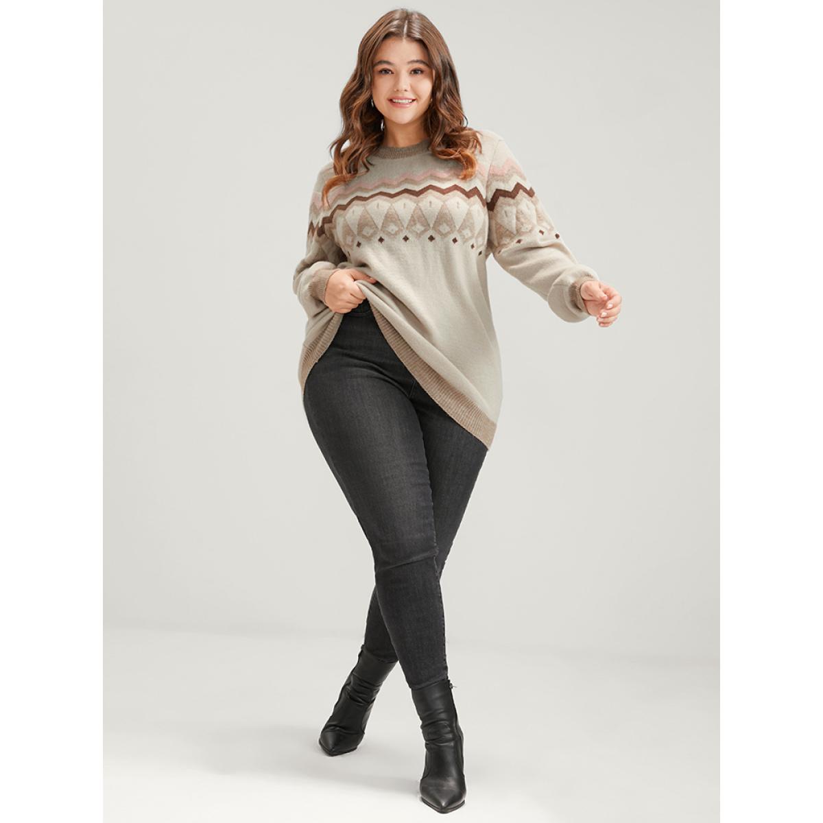 Plus Size Geometric Contrast Soft Pointelle Knit Jacquard Round Neck Knit Top Beige Women Casual Loose Long Sleeve Round Neck Dailywear Pullovers BloomChic 18-20/2X Product Image