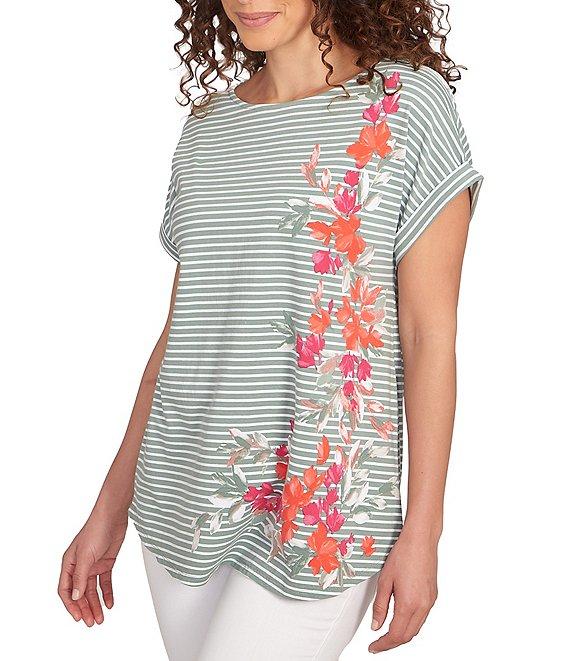 Ruby Rd. Petite Size Soft Jersey Knit Floral Stripe Boat Neck Short Cuff Sleeve Top Product Image