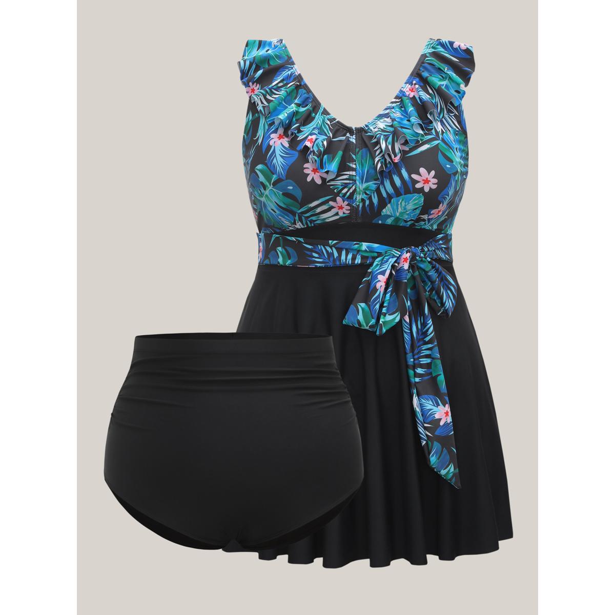 Plus Size Floral Print Spliced Ruffled Straps Swim Dress Women's Swimwear Black Beach Bodycon V-neck High stretch Curve Swim Dresses BloomChic 12/L Product Image