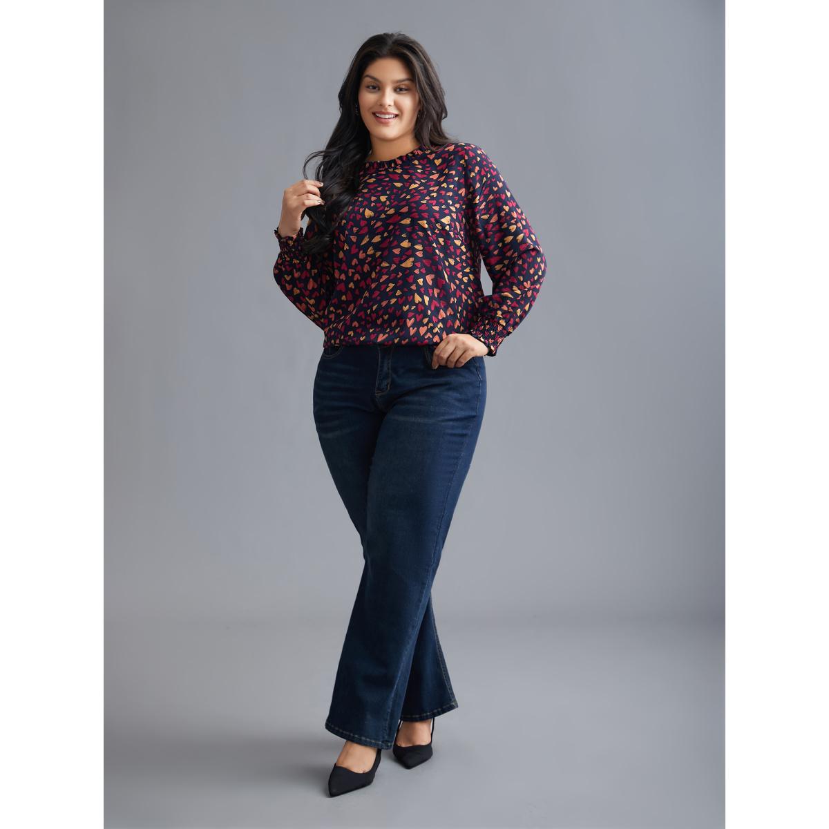 Plus Size Indigo Hearts All Over Ruffled Neckline Blouse Women Elegant Extra Long Sleeve Round Neck Everyday Blouses BloomChic 30/6X Product Image