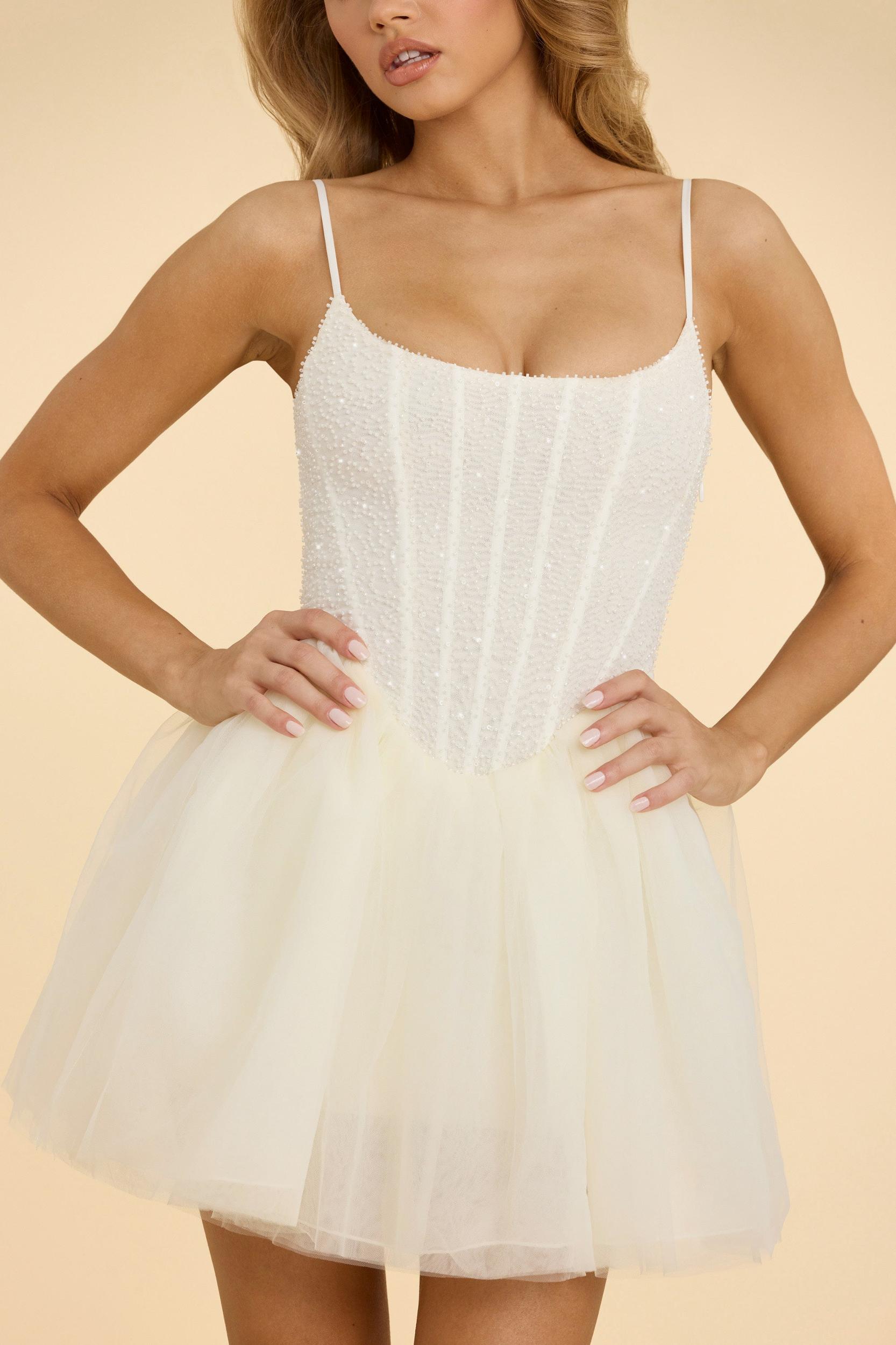 Embellished Corset Tulle Skirt Mini Dress in White Product Image