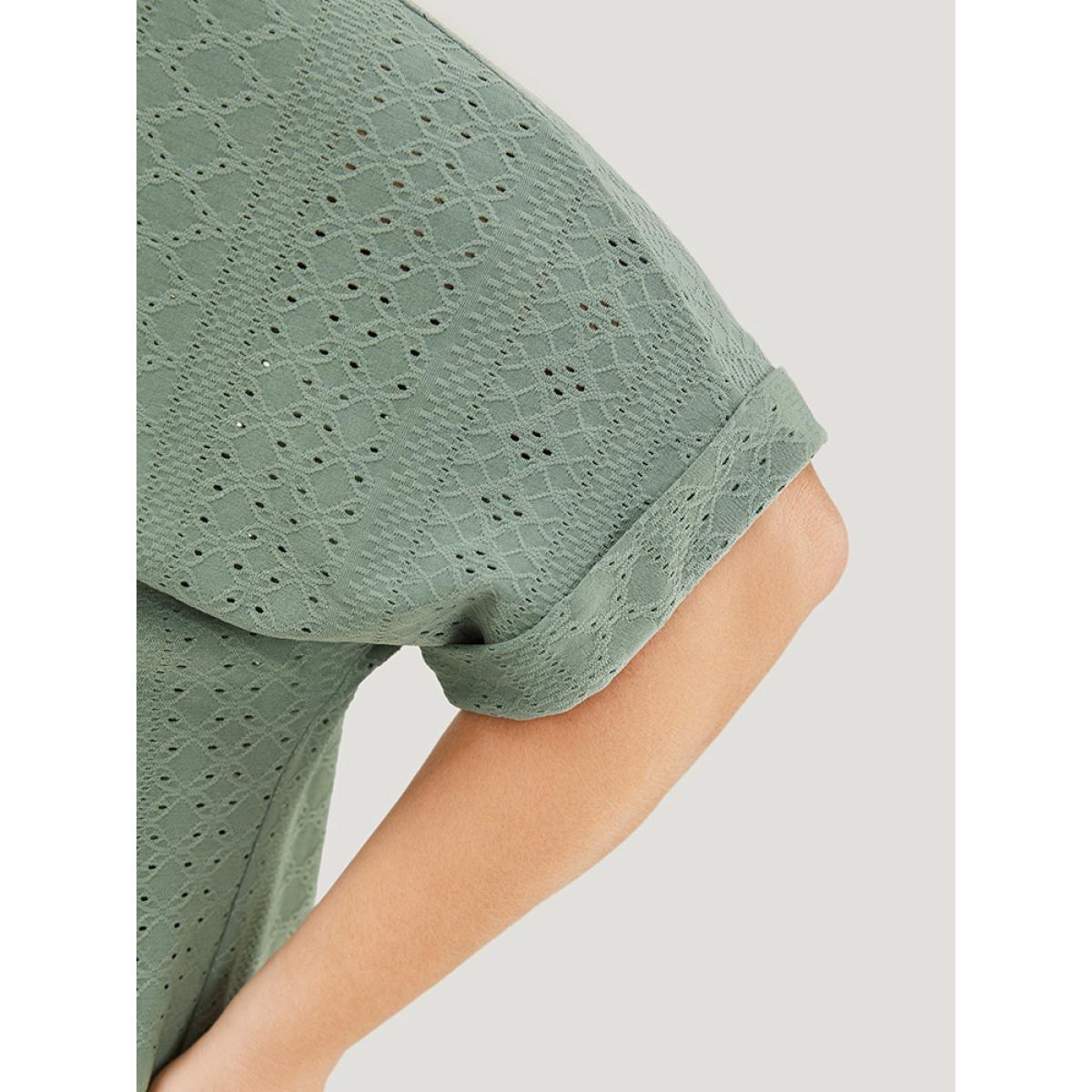 Plus Size Plain Roll Sleeve Broderie Anglaise T-shirt Sage Women Casual Broderie anglaise Plain V-neck Dailywear T-shirts BloomChic 10/M Product Image