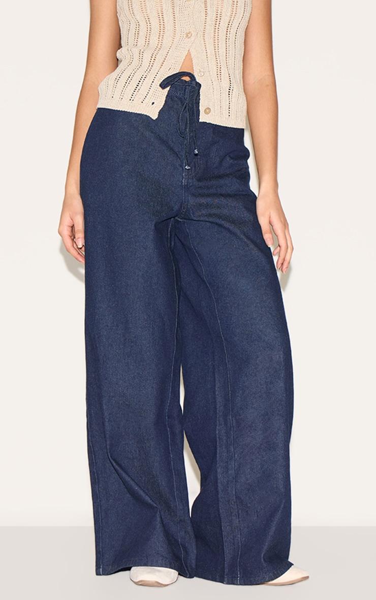 Petite Indigo Denim Relaxed Drawstring Wide Leg Jeans Product Image